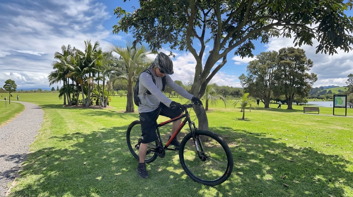 Ciclista con su bicicleta TS Bike en un parque