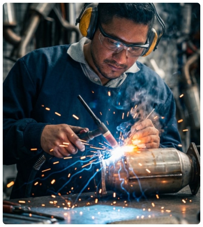 Soldador trabajando en un catalizador con chispas
